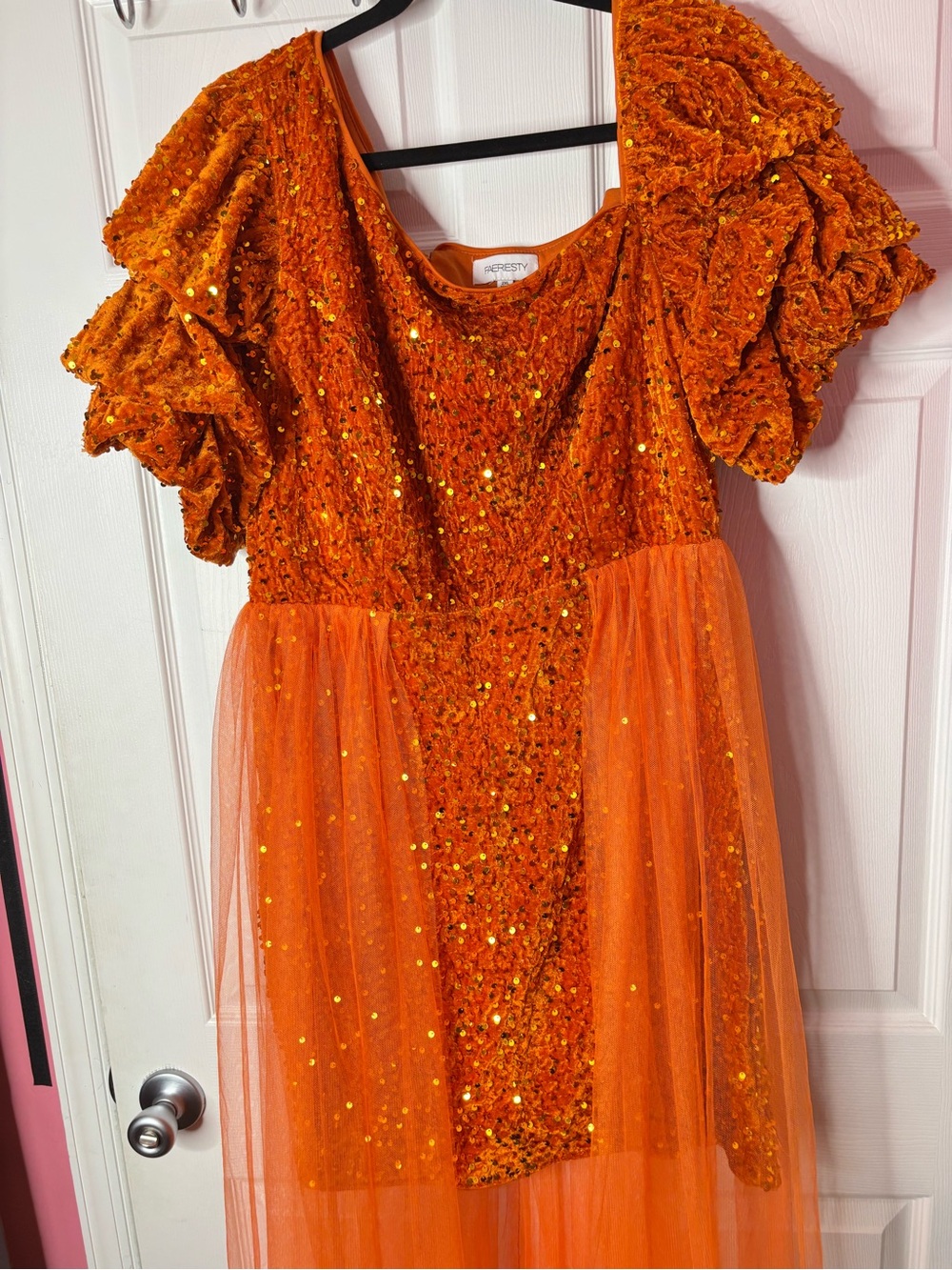 Faeriesty Plus Orange Sequin Party Dress Mesh Overlay Off Shoulder Puff Sleeve - Picture 3 of 9